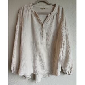Promesa Crinkle Cotton Henley Top Cream Women’s Size M Lagenlook Oversized Boho